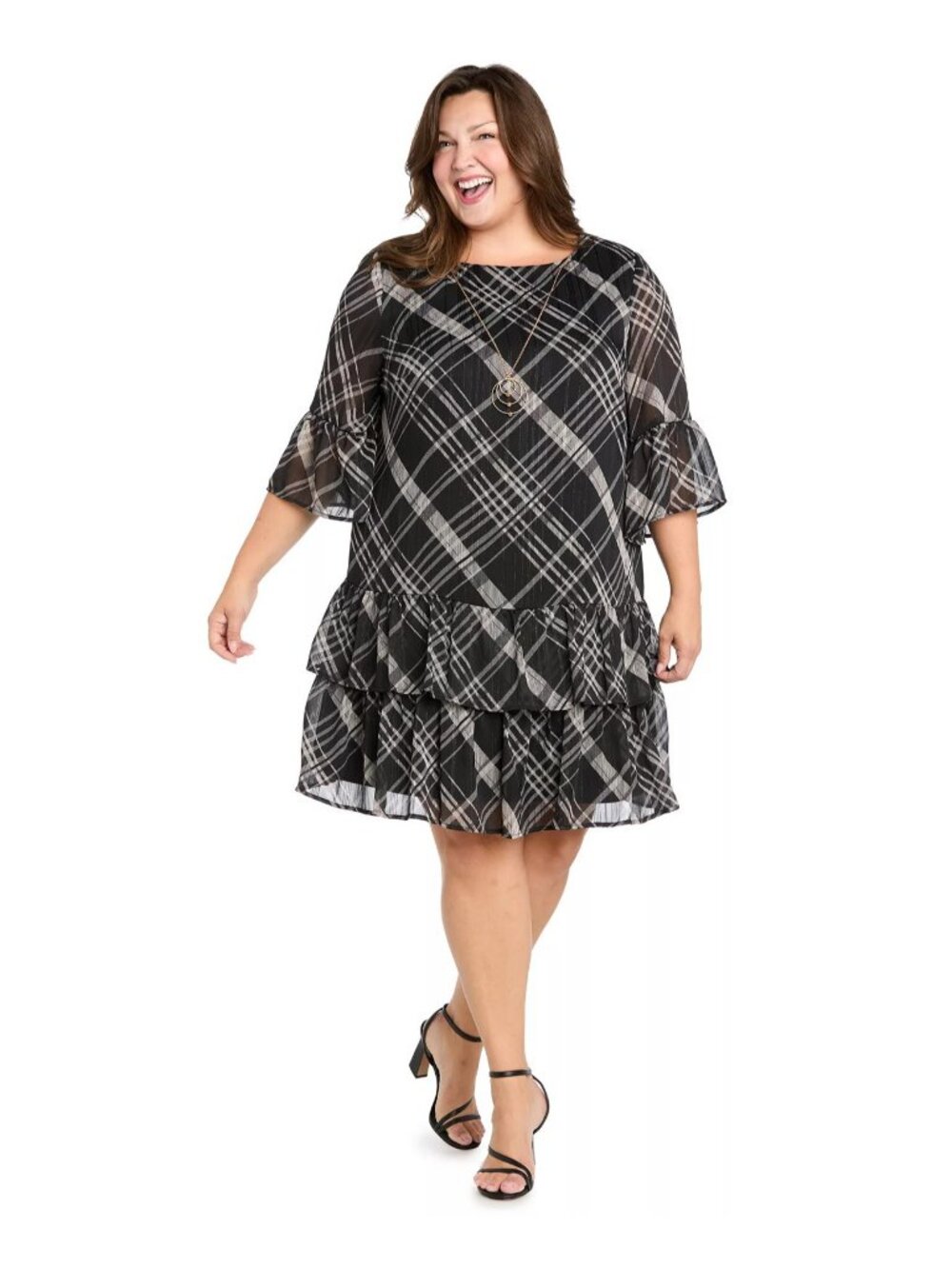 R&m Richard Women Plus Size 2x Black Multi Tiered Plaid 3/4 Sleeves Short Dress